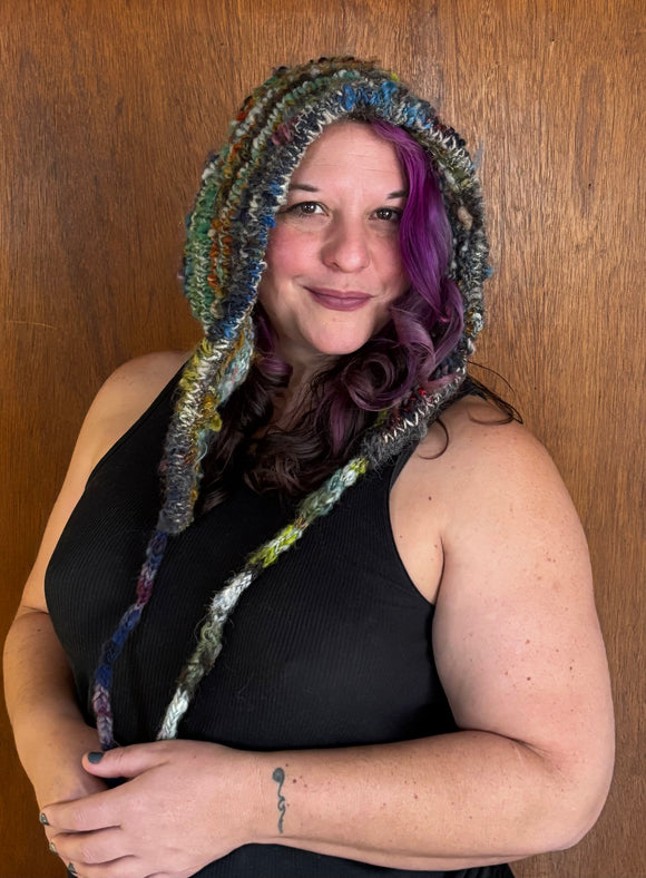 Handknit scrappy elf hood hat, handspun yarn