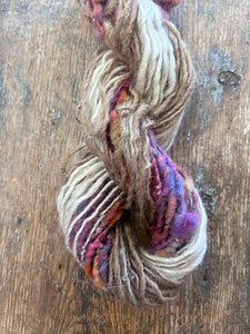 Satisfaction, scrappy handspun self striping yarn, 50 yards