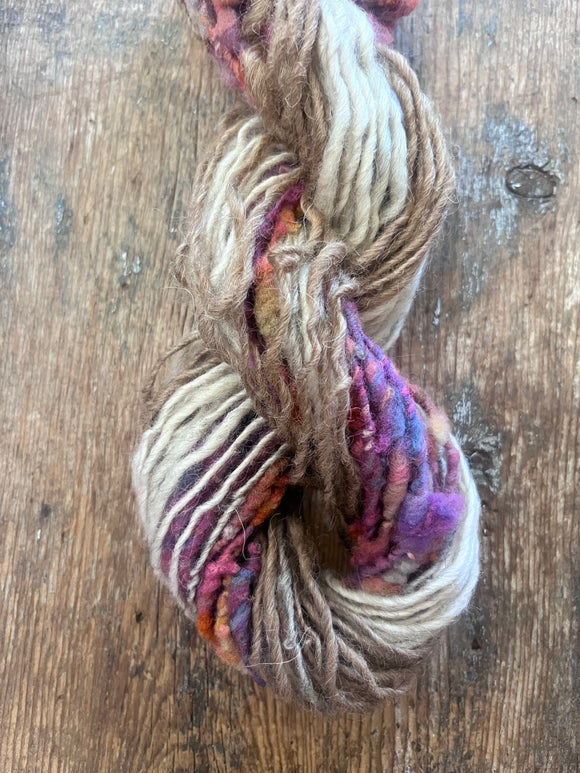 Satisfaction, scrappy handspun self striping yarn, 50 yards