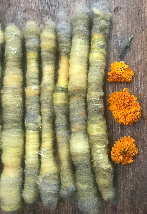 Marigold naturally dyed art rolags spinning fiber
