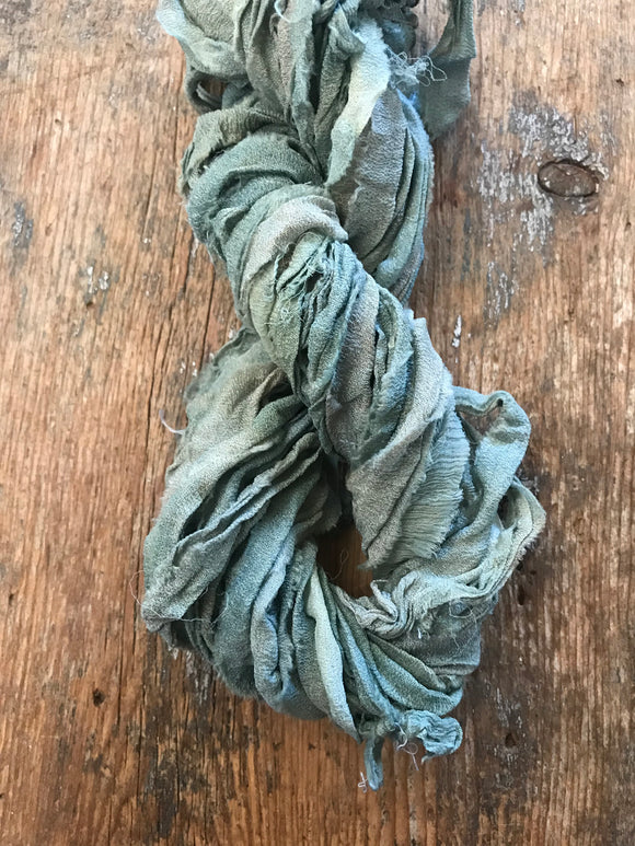 Fresh indigo & wild bee balm naturally dyed sari silk chiffon yarn, 20 yards