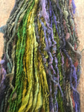 Mardi Gras - 50 yards nubbly handspun southdown wool art  yarn purple green gold