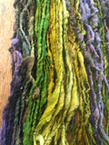 Mardi Gras - 50 yards nubbly handspun southdown wool art  yarn purple green gold