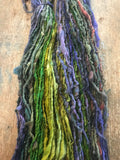 Mardi Gras - 50 yards nubbly handspun southdown wool art  yarn purple green gold