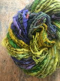 Mardi Gras - 50 yards nubbly handspun southdown wool art  yarn purple green gold