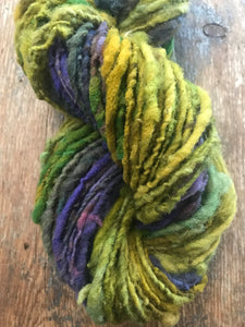 Mardi Gras - 50 yards nubbly handspun southdown wool art  yarn purple green gold