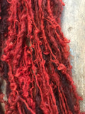 Blood Moon, orange/red overdyed Lincoln wool lockspun yarn, 20 yards