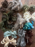 20 mini skein art yarn sampler - greens and neutrals, weaving, junk journal, doll making, felting