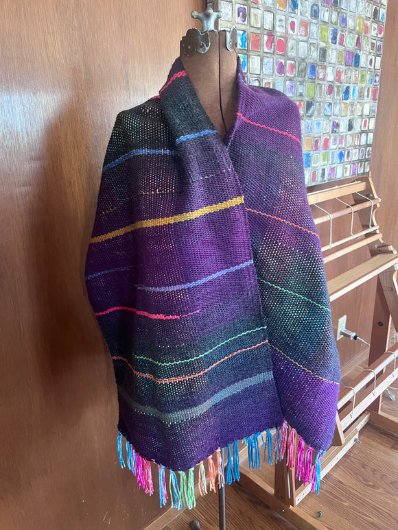 Purple multicolored handwoven wrap, shawl, table runner or wall hanging