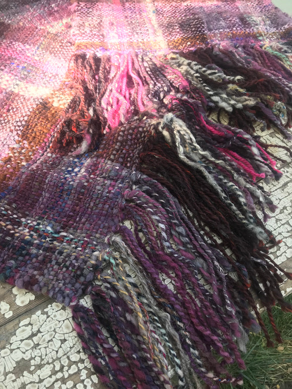 Woven handspun wrap, shawl, scarf, fringed purple handmade bespoke cottagecore artisan wearable art