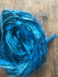 Teal hand dyed sari silk yarn, 20 yards